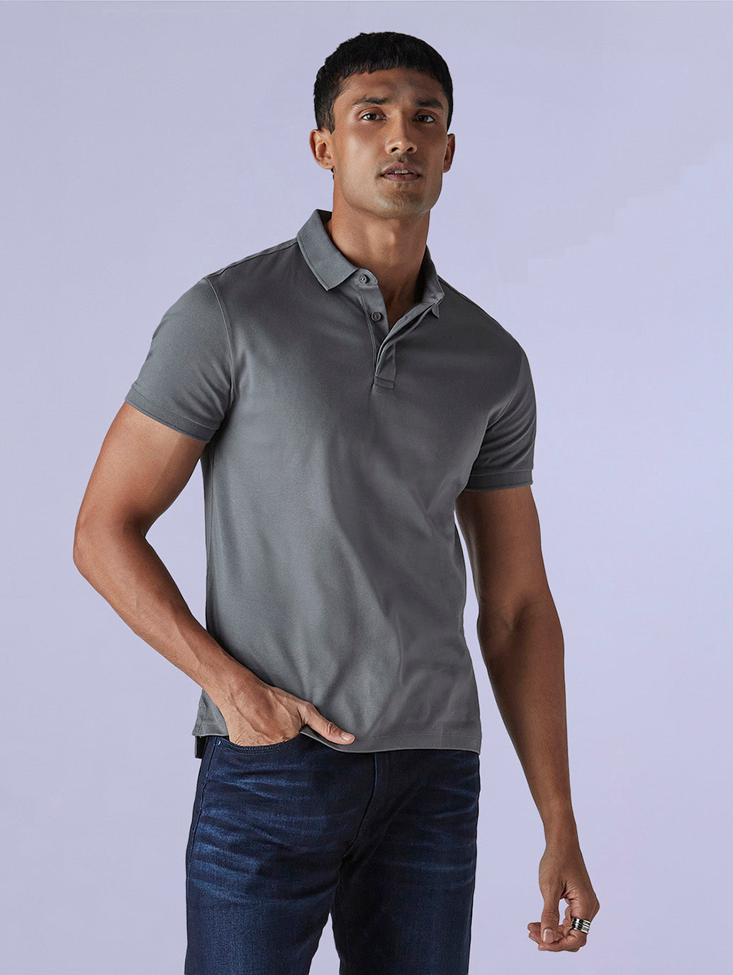 Men's Solid Grey Slim Fit Redloop Interlock Polo T-shirt