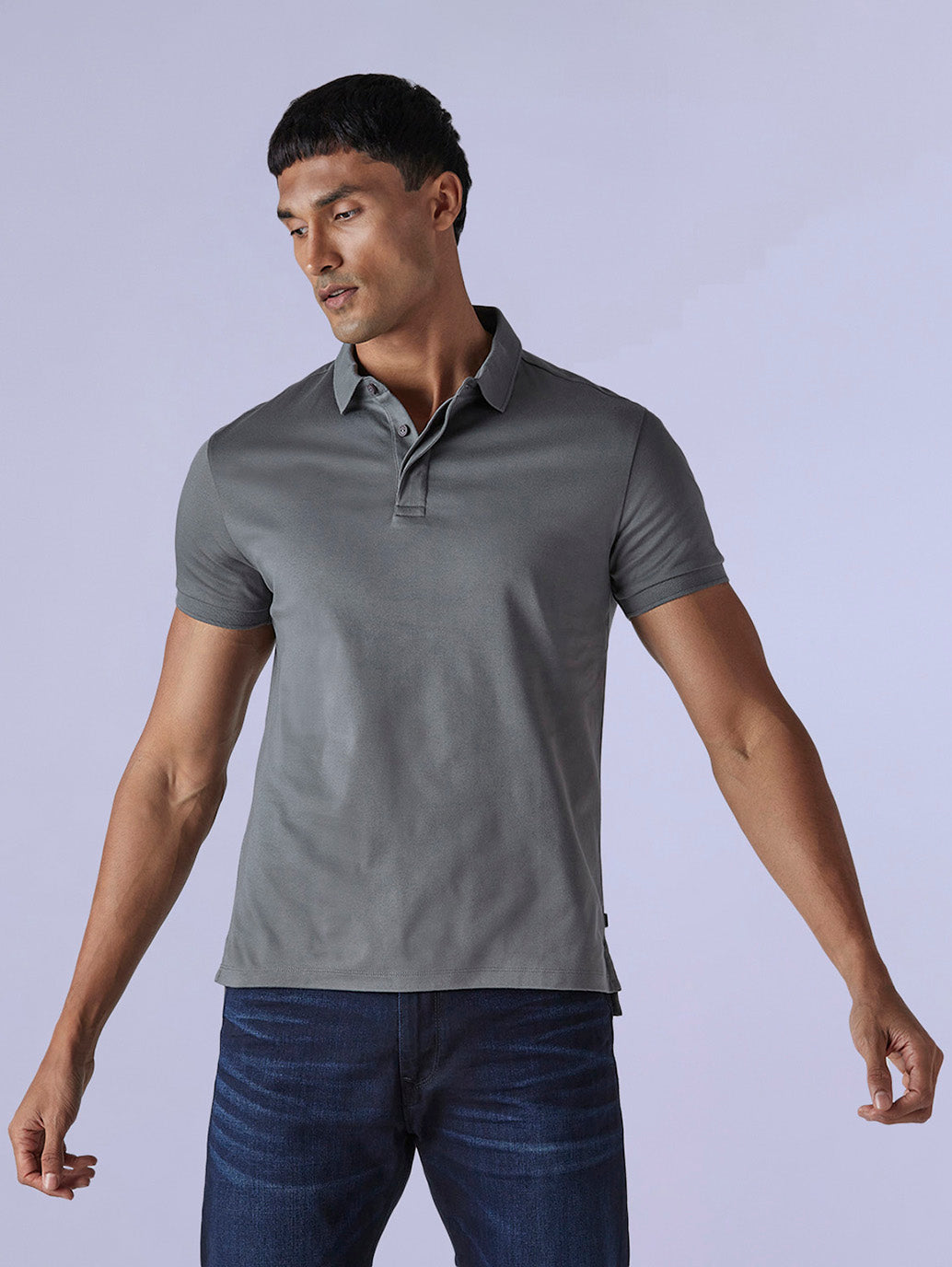 Men's Solid Grey Slim Fit Redloop Interlock Polo T-shirt - Front View
