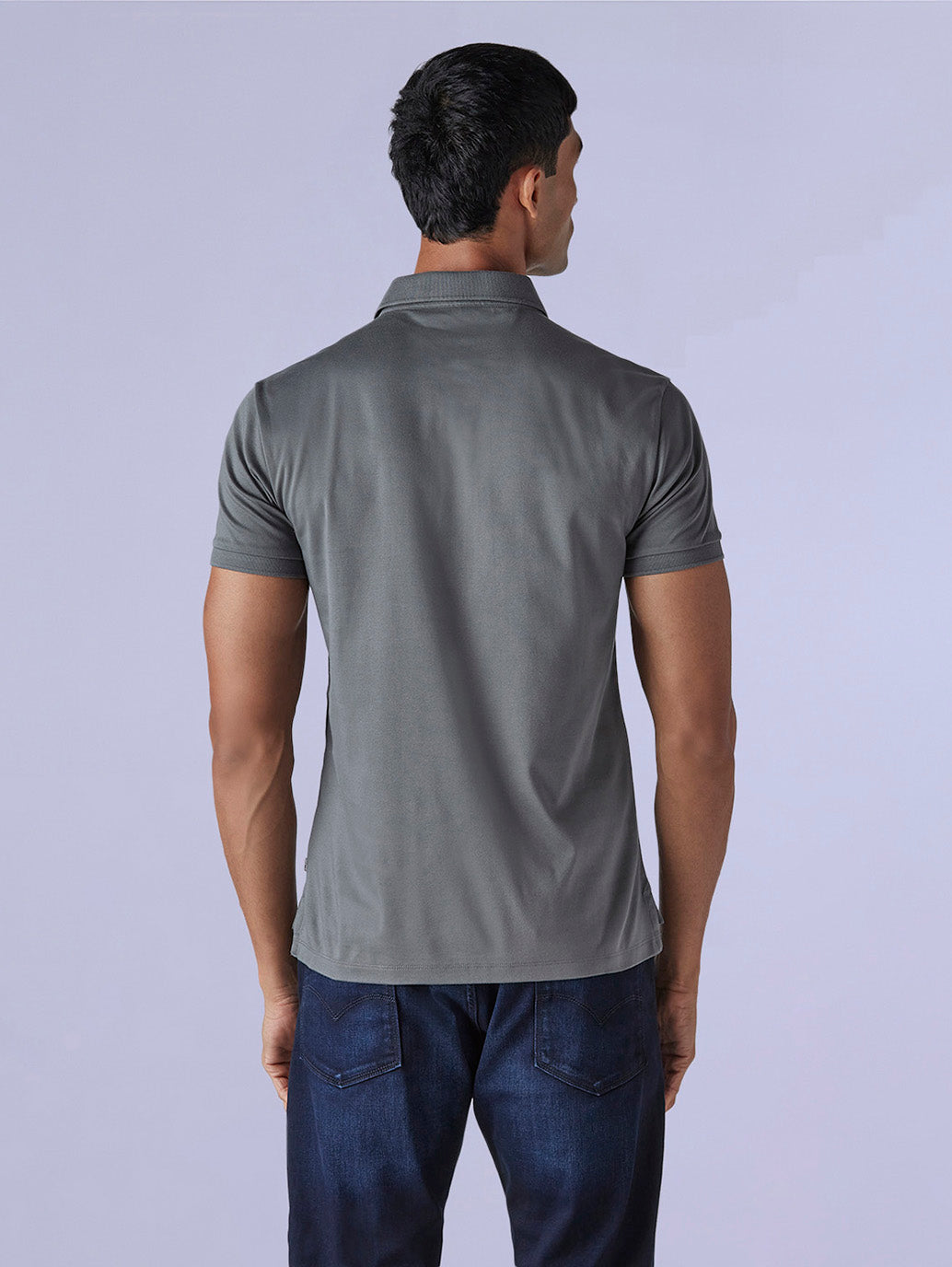 Men's Solid Grey Slim Fit Redloop Interlock Polo T-shirt - Back View