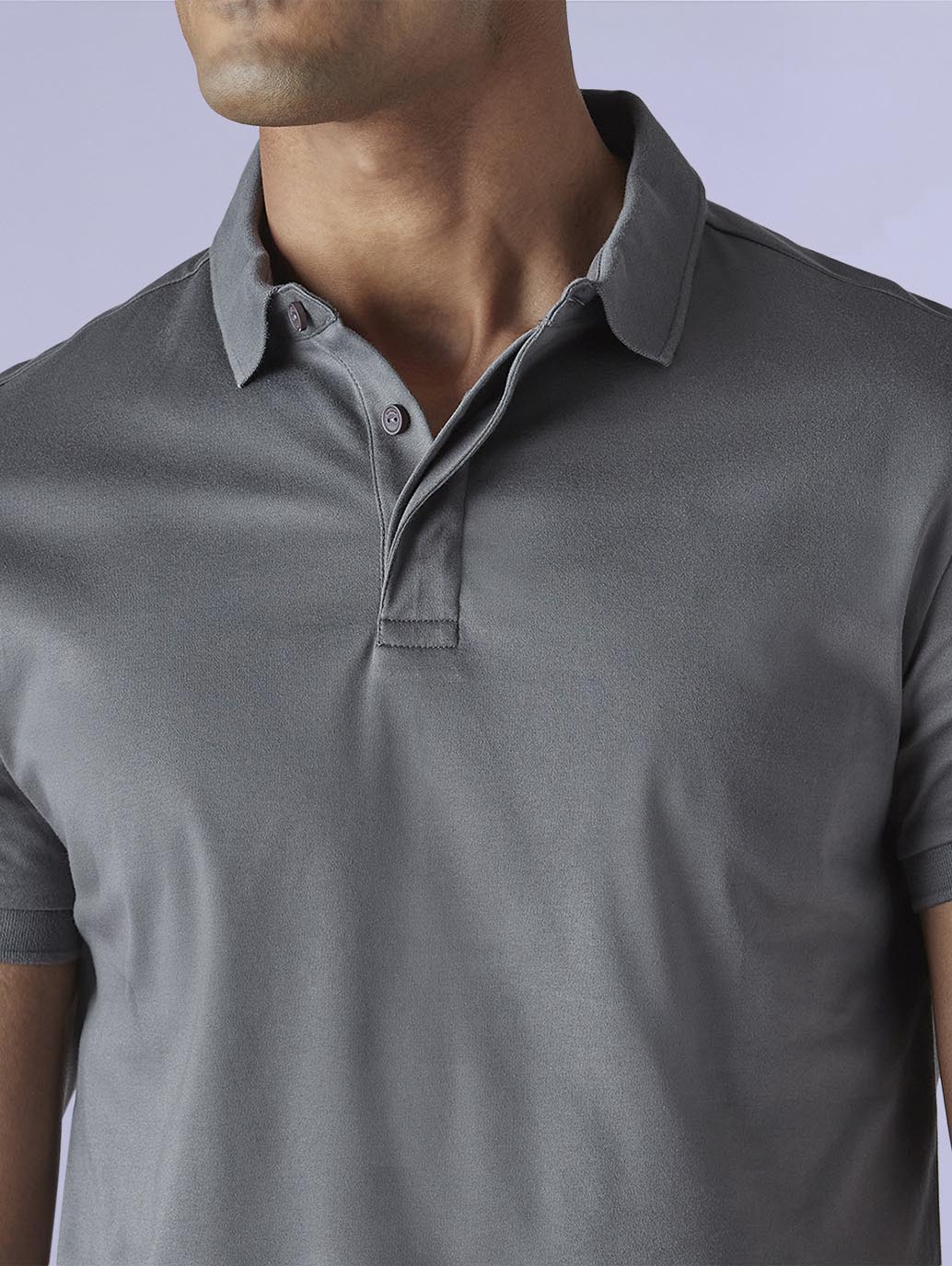 Men's Solid Grey Slim Fit Redloop Interlock Polo T-shirt - Detail View