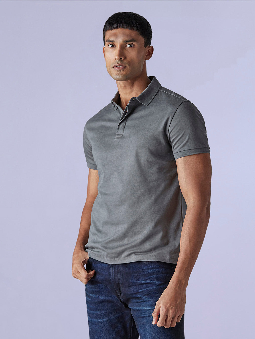 Men's Solid Grey Slim Fit Redloop Interlock Polo T-shirt - Side View