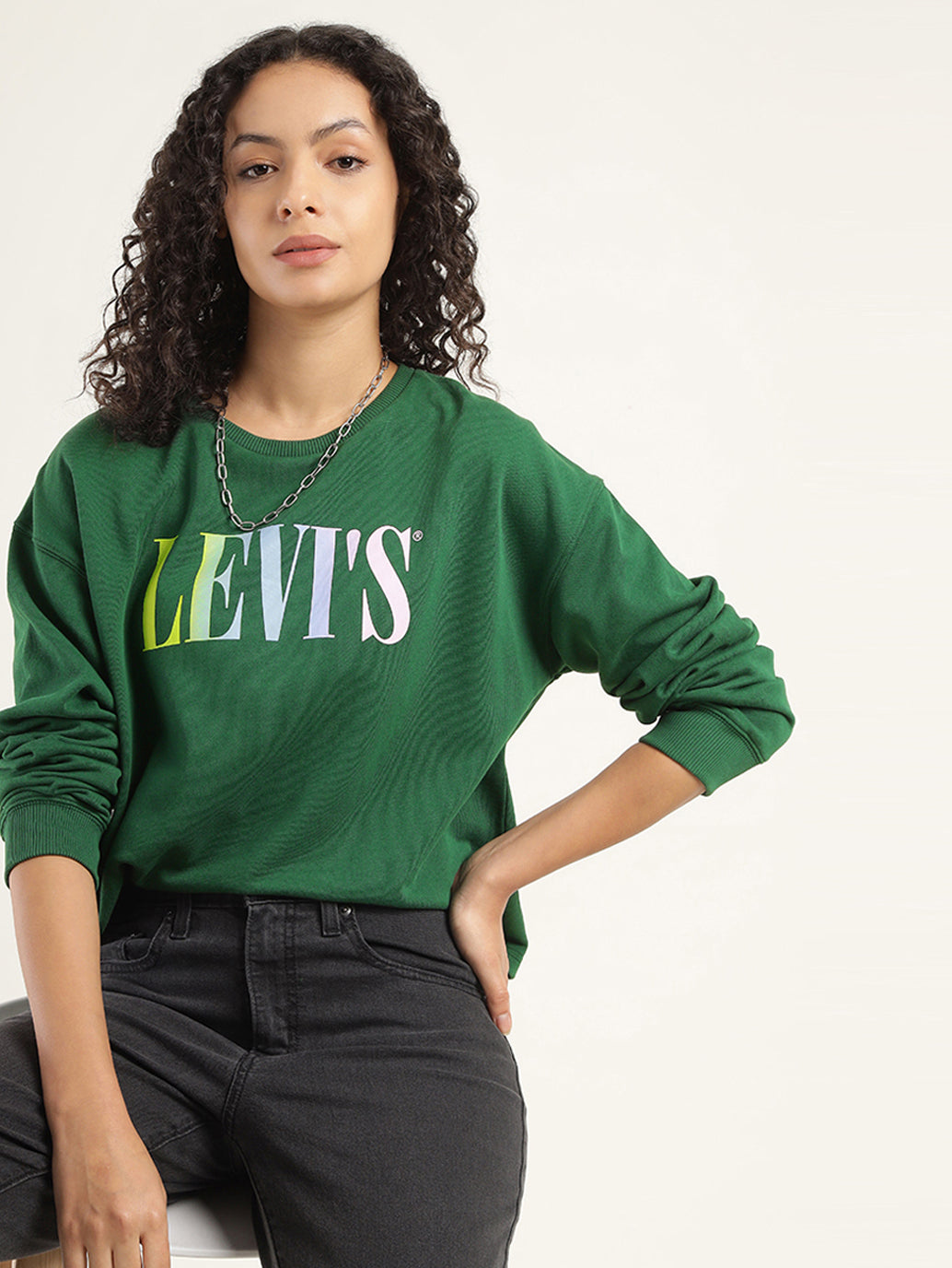 Women's Brand Logo Green Crew Neck Sweatshirt