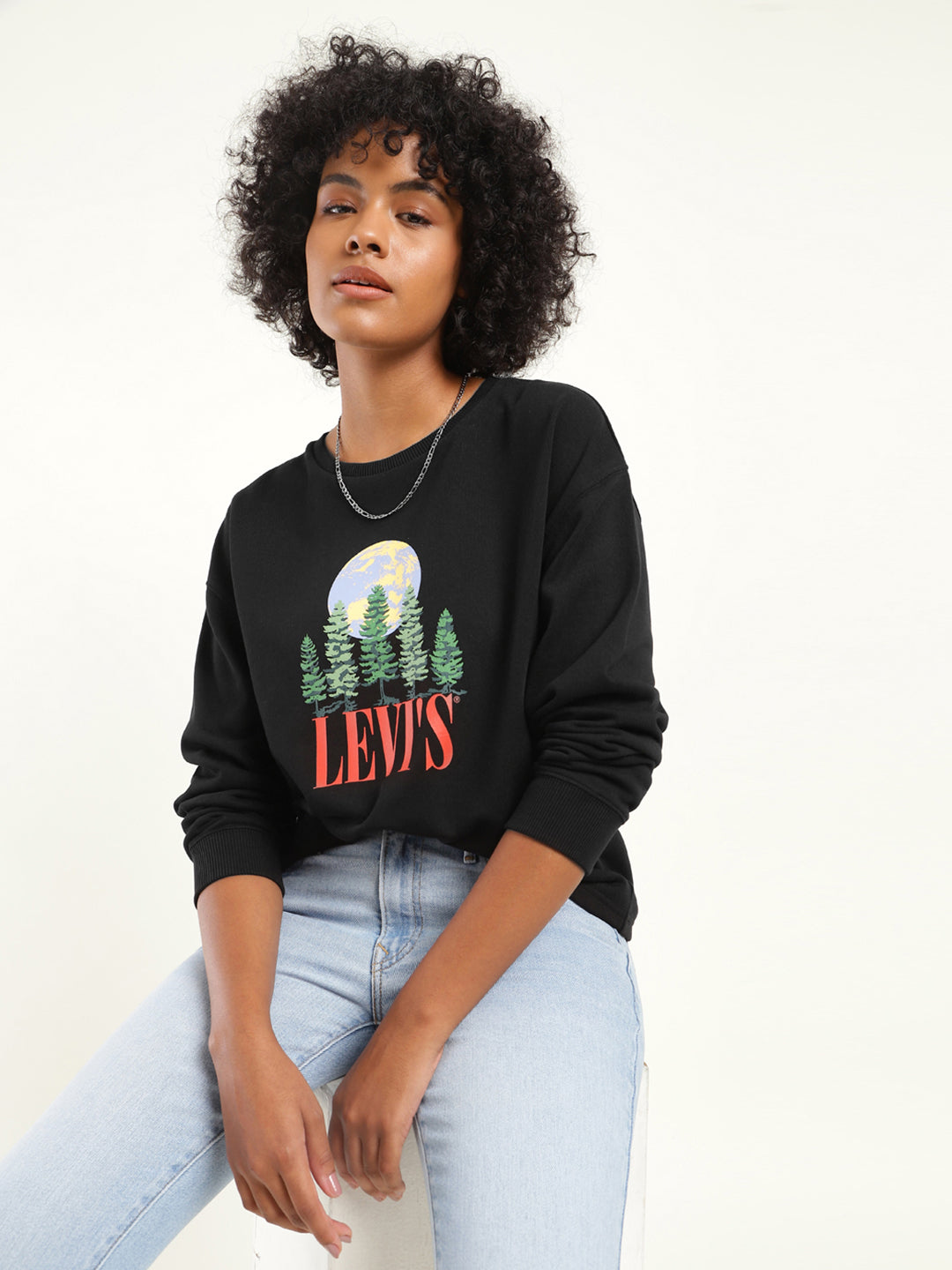 Women's Graphic Black Crew Neck Sweatshirt