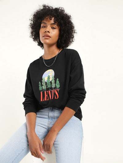 Women's Graphic Black Crew Neck Sweatshirt