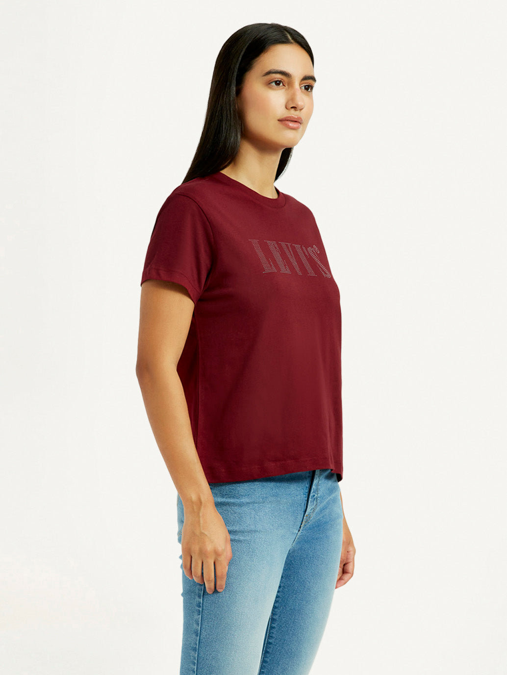 Women's Typographic Print Maroon Relaxed Fit T-shirt - Side View