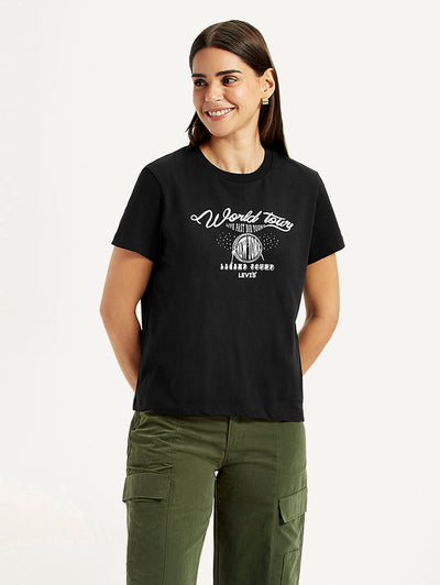 Women's Graphic Print Black Relaxed Fit T-shirt