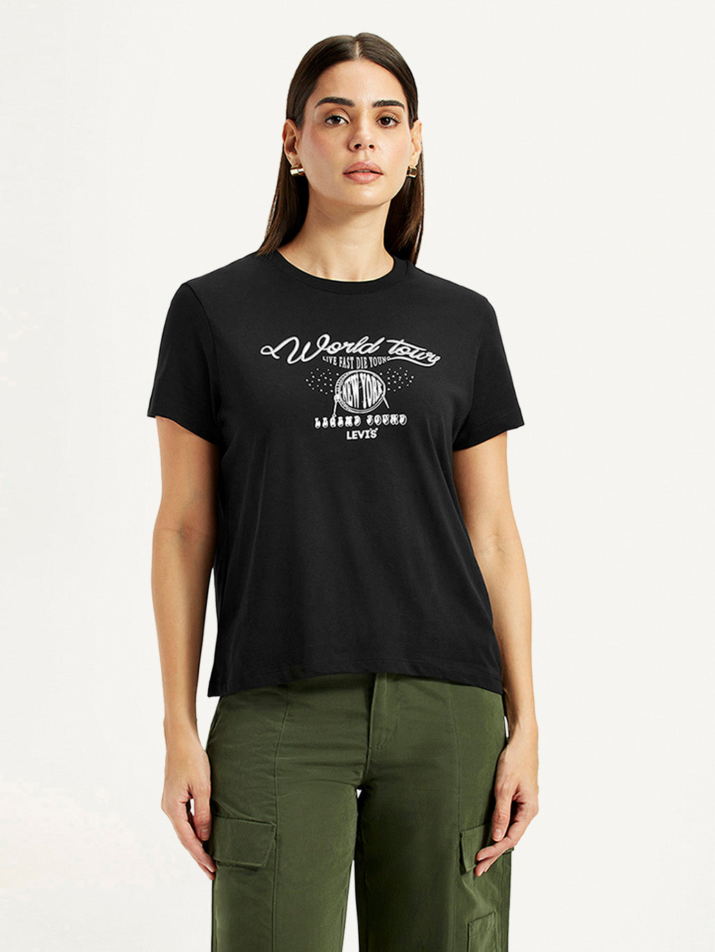 Women's Graphic Print Black Relaxed Fit T-shirt - Front View