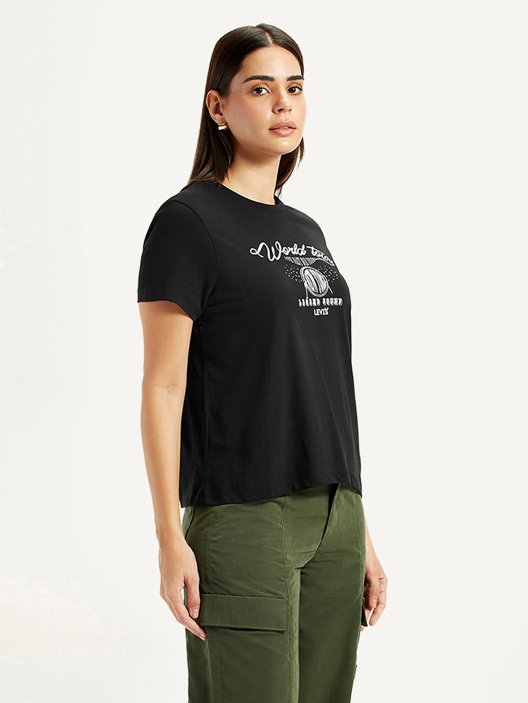 Women's Graphic Print Black Relaxed Fit T-shirt - Side View
