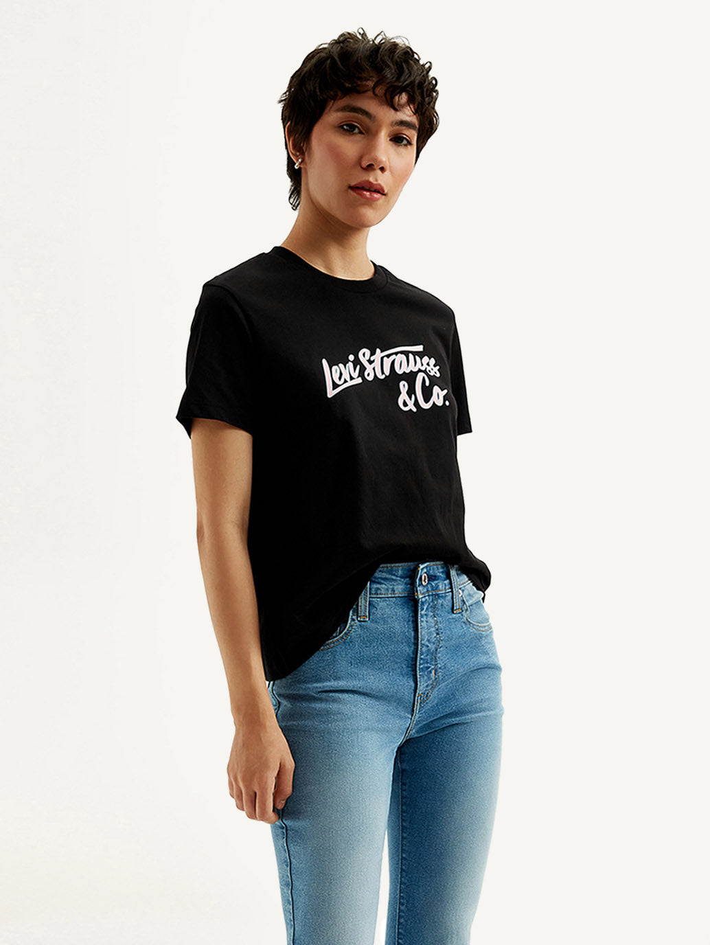 Women's Typography Black Crew Neck T-shirt - Styleshot View