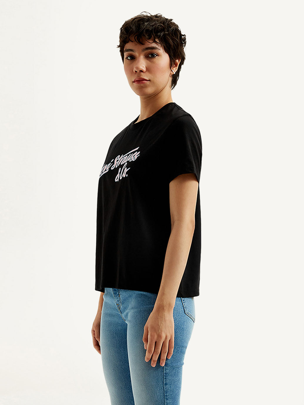 Women's Typography Black Crew Neck T-shirt - Side View