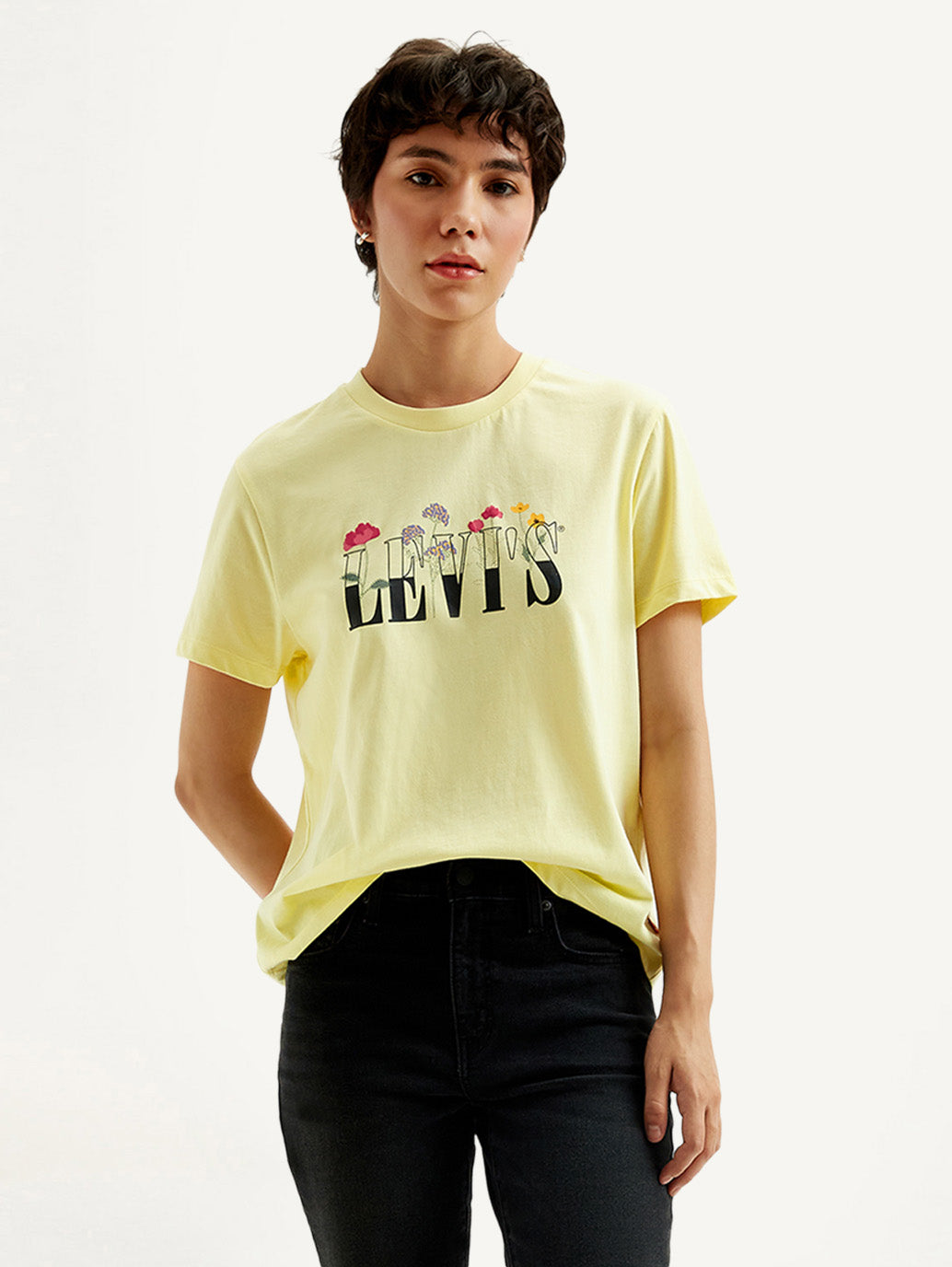 Women's Graphic Print Yellow Crew Neck T-Shirt - Styleshot View