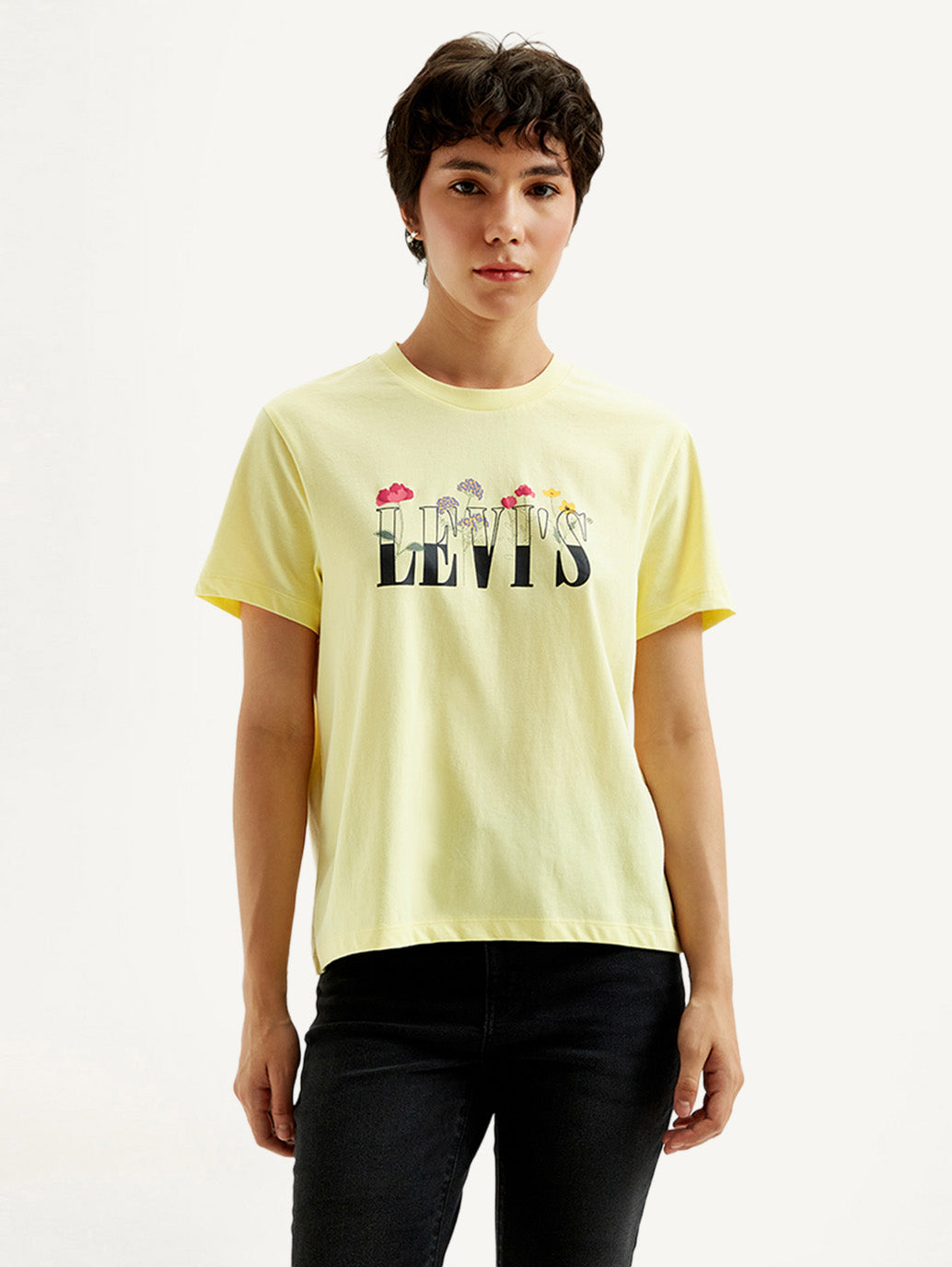 Women's Graphic Print Yellow Crew Neck T-Shirt - Front View