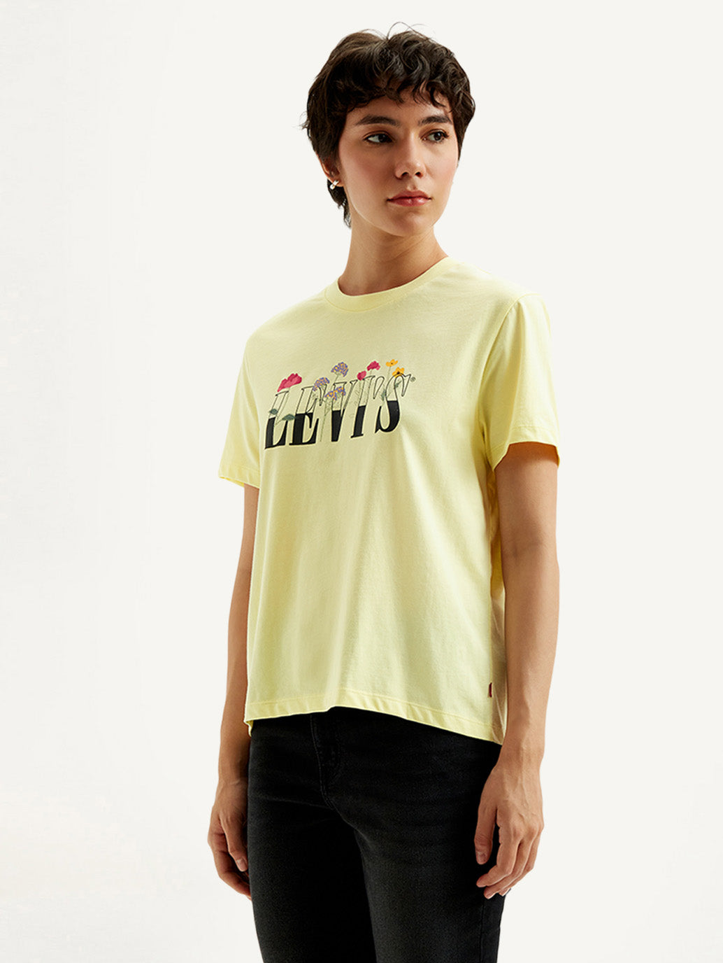 Women's Graphic Print Yellow Crew Neck T-Shirt - Side View