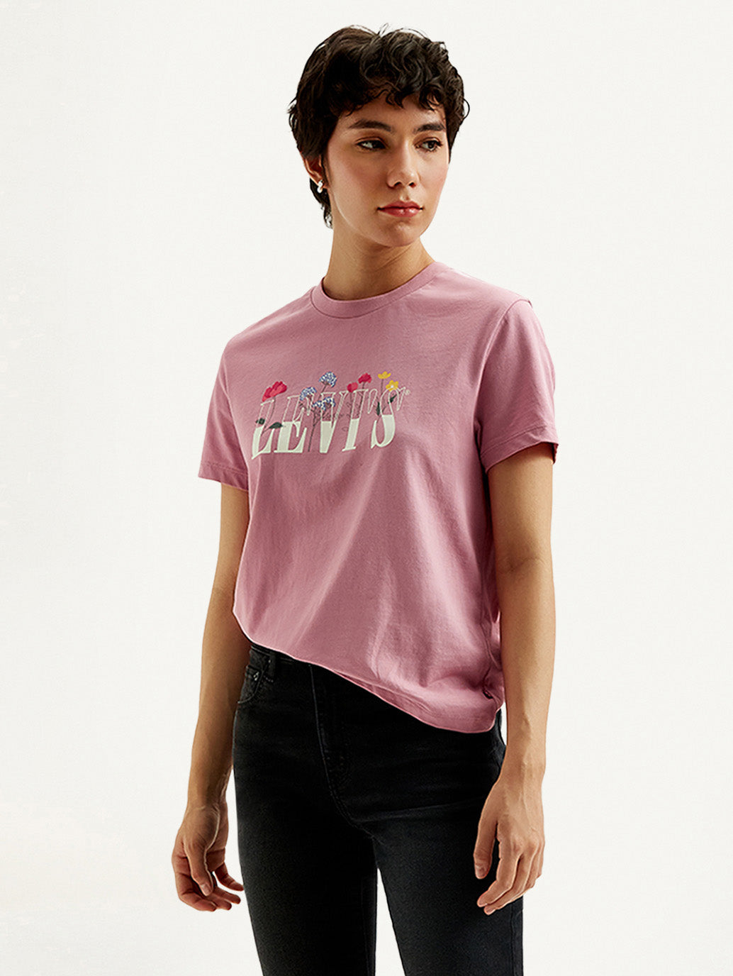 Women's Graphic Print Pink Crew Neck T-shirt - Styleshot View