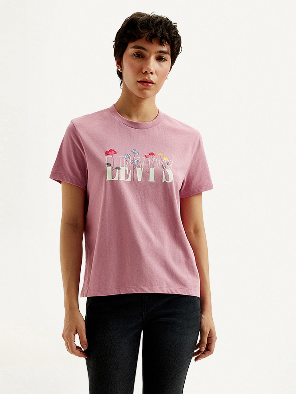 Women's Graphic Print Pink Crew Neck T-shirt - Front View
