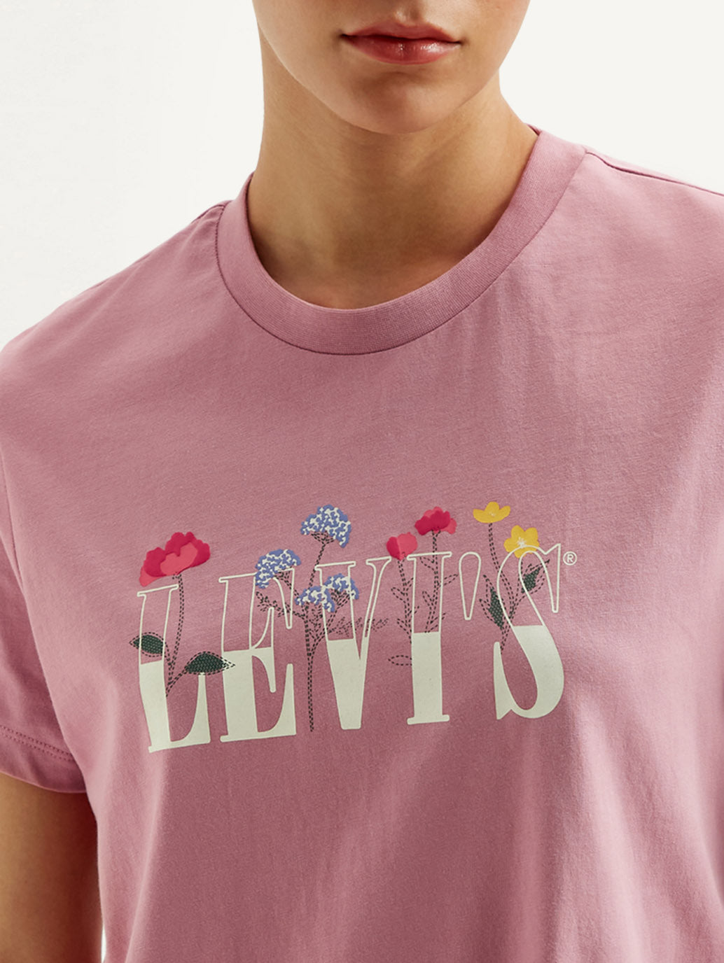 Women's Graphic Print Pink Crew Neck T-shirt - Detail View