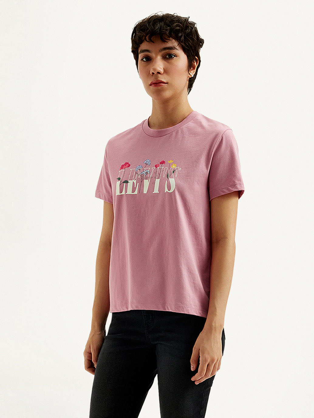 Women's Graphic Print Pink Crew Neck T-shirt - Side View