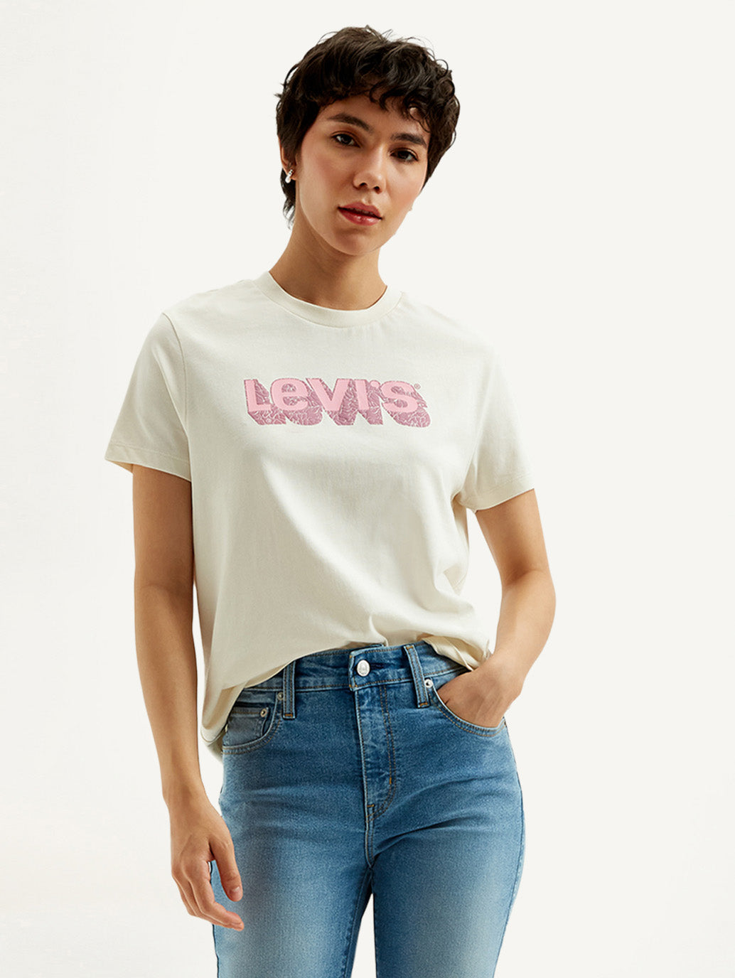 Women's Brand Logo Off-White Crew Neck T-Shirt - Styleshot View