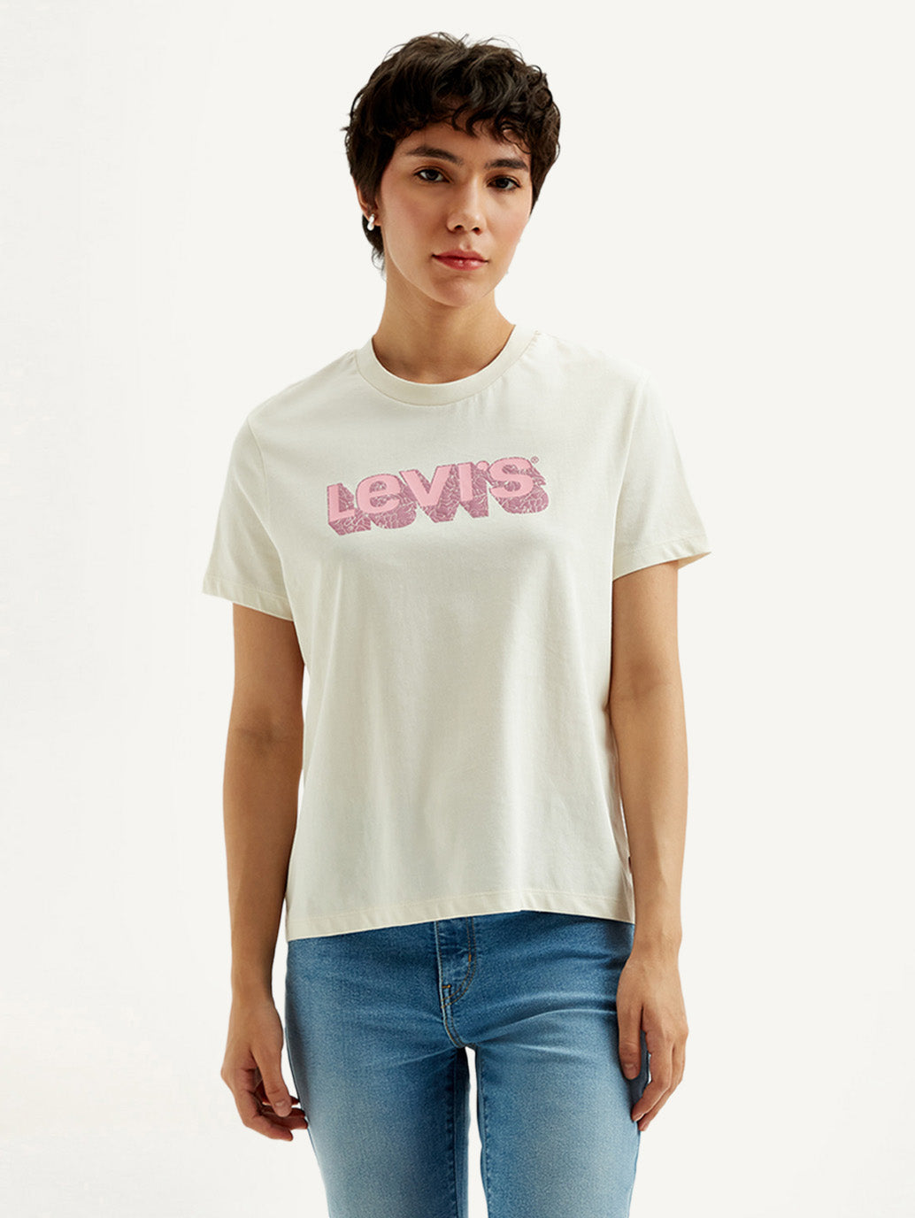 Women's Brand Logo Off-White Crew Neck T-Shirt - Front View