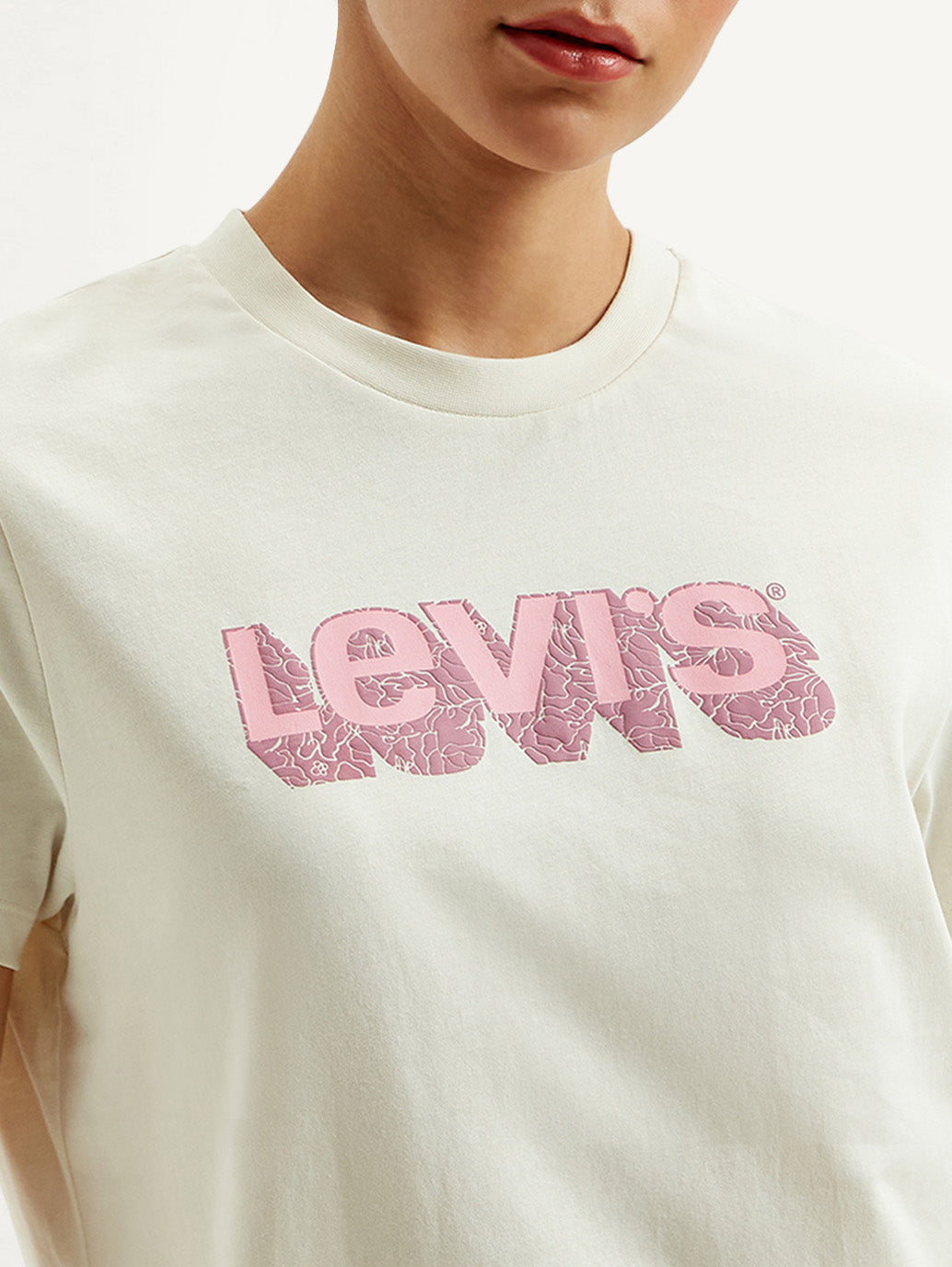 Women's Brand Logo Off-White Crew Neck T-Shirt - Detail View