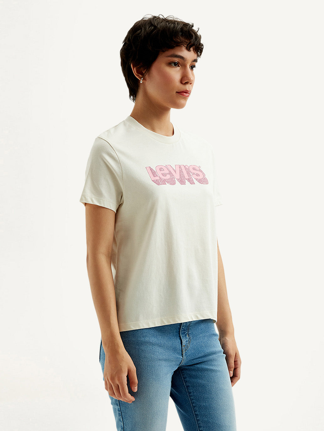 Women's Brand Logo Off-White Crew Neck T-Shirt - Side View