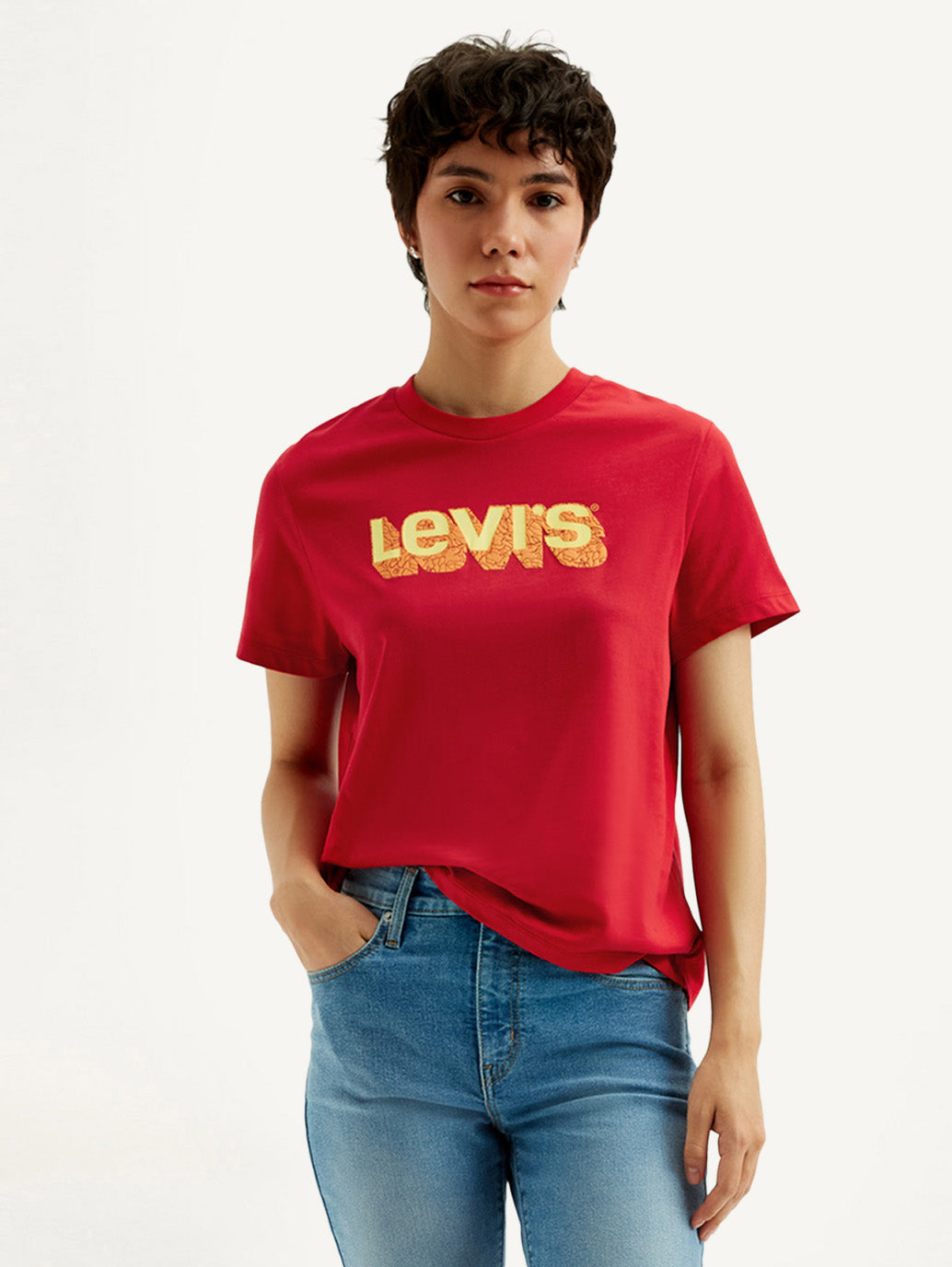 Women's Brand Logo Red Crew Neck T-Shirt