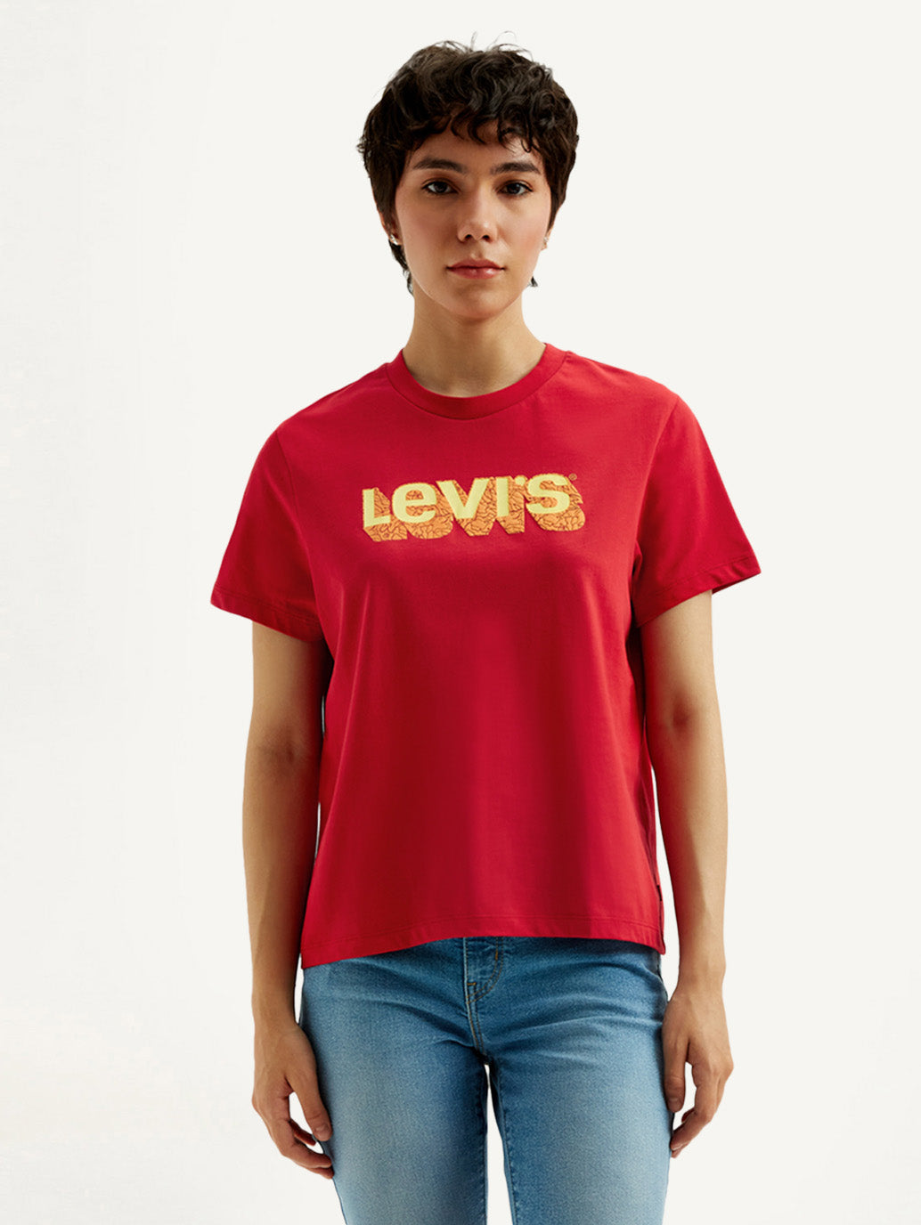 Women's Brand Logo Red Crew Neck T-Shirt - Front View