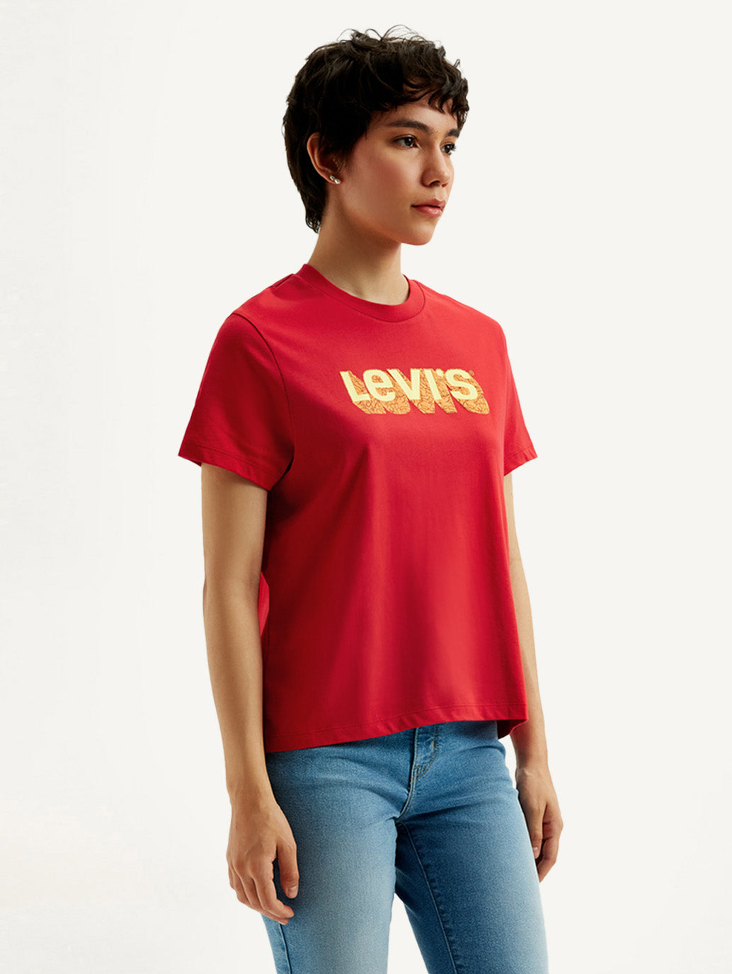 Women's Brand Logo Red Crew Neck T-Shirt - Side View