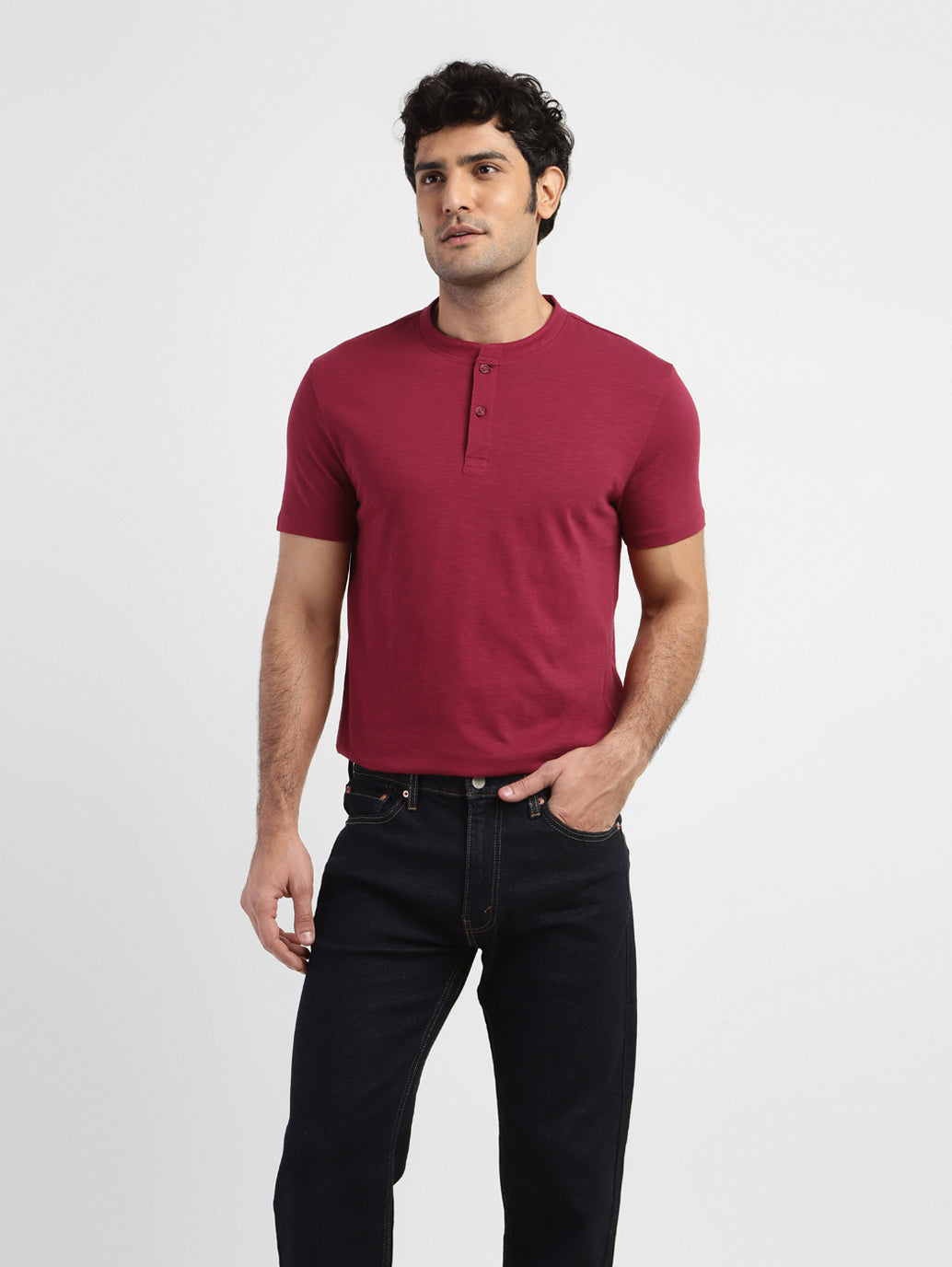 Men's Self Design Henley T-shirt Red