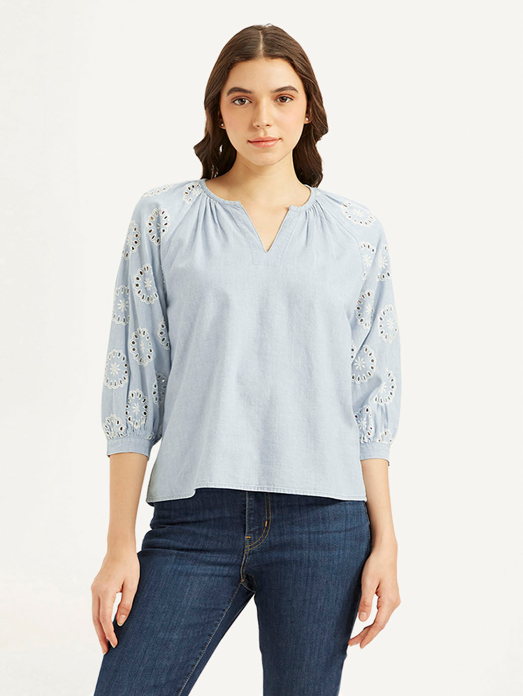 Women's Embroidered Light-Blue Round Neck Top