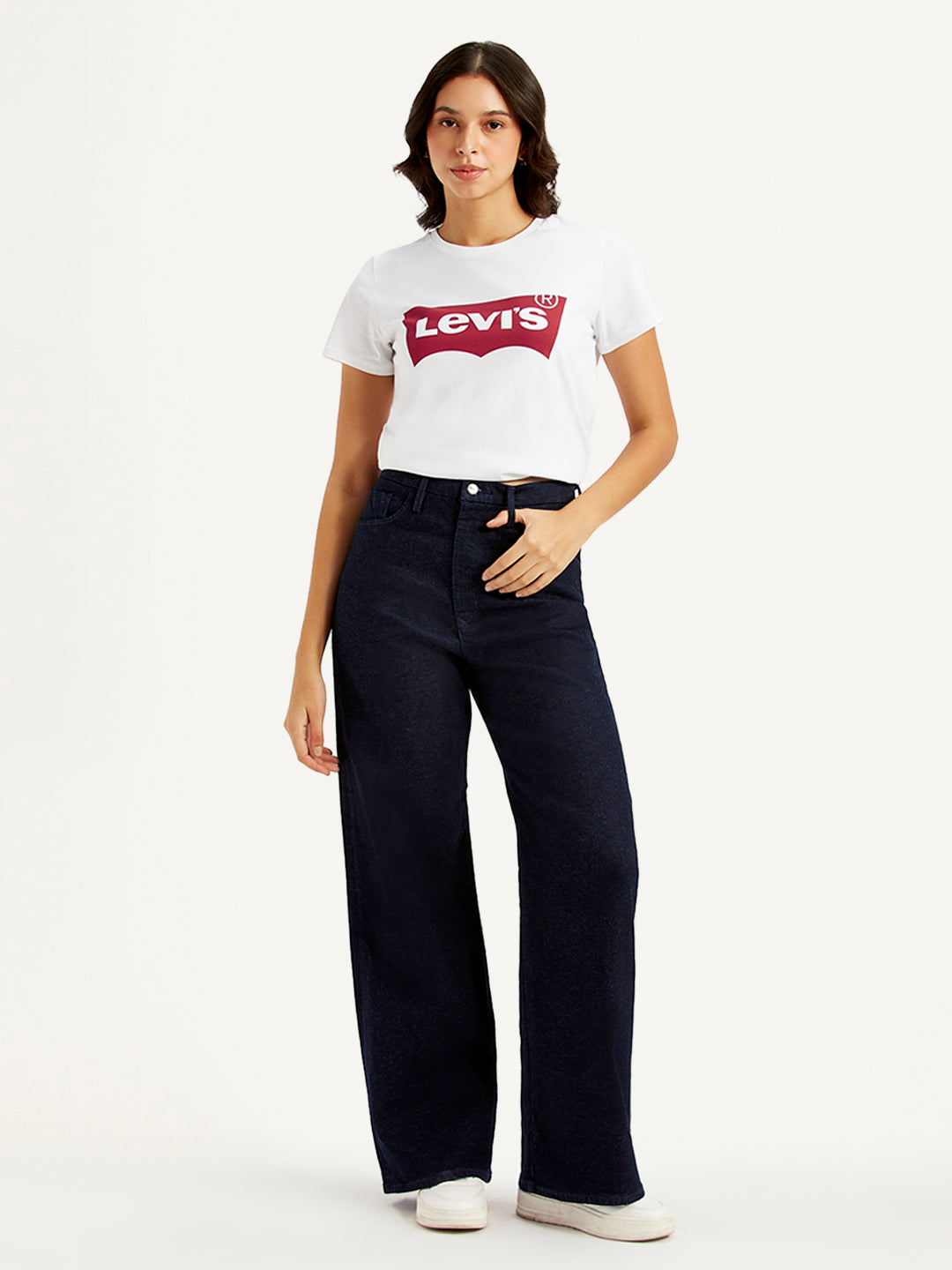 Women's Navy Blue Ribcage Bell Bottom Wide Leg Fit High Rise Jeans - 89f45fece17a742f598afdca9ad5197f View