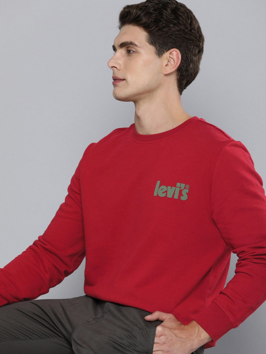 Men's Solid Red Crew Neck Sweatshirt - 8a07a69c-3ef7-4a47-b862-0e79557eb6321704801101961-Levis-Pure-Cotton-Brand-Logo-Printed-Pullover-Sweatshirt-698-1 View