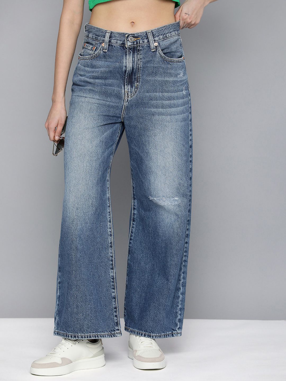 Women's Blue Ribcage Bell Bottom Wide Leg Fit Mid Rise Jeans
