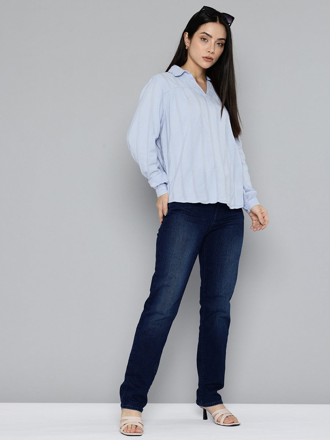 Women's Striped Blue Spread Collar Top