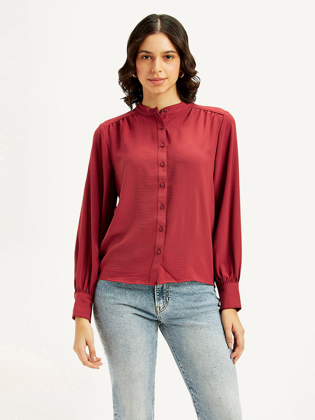 Women's Solid Maroon Mandarin Collar Top - Front View