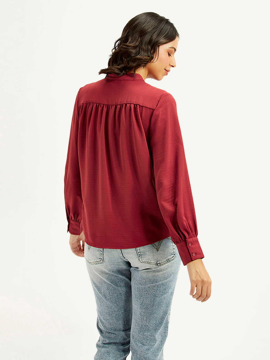 Women's Solid Maroon Mandarin Collar Top - Back View