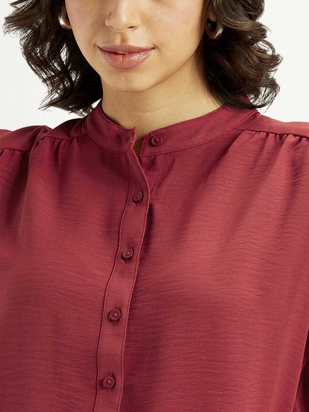 Women's Solid Maroon Mandarin Collar Top - Detail View