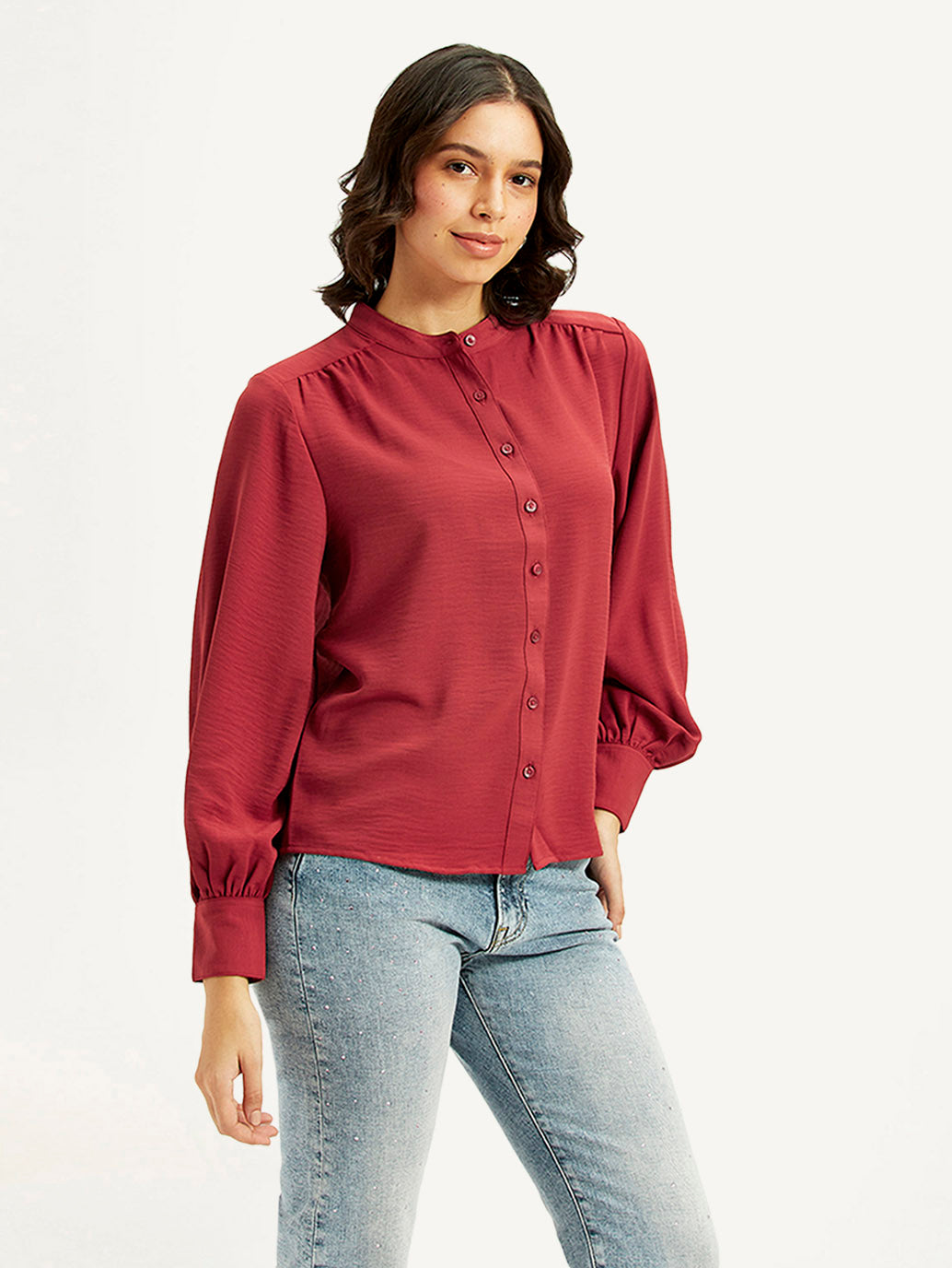 Women's Solid Maroon Mandarin Collar Top - Side View