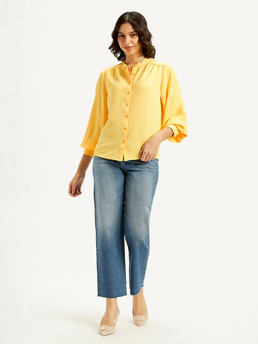 Women's Solid Yellow Mandarin Collar Top