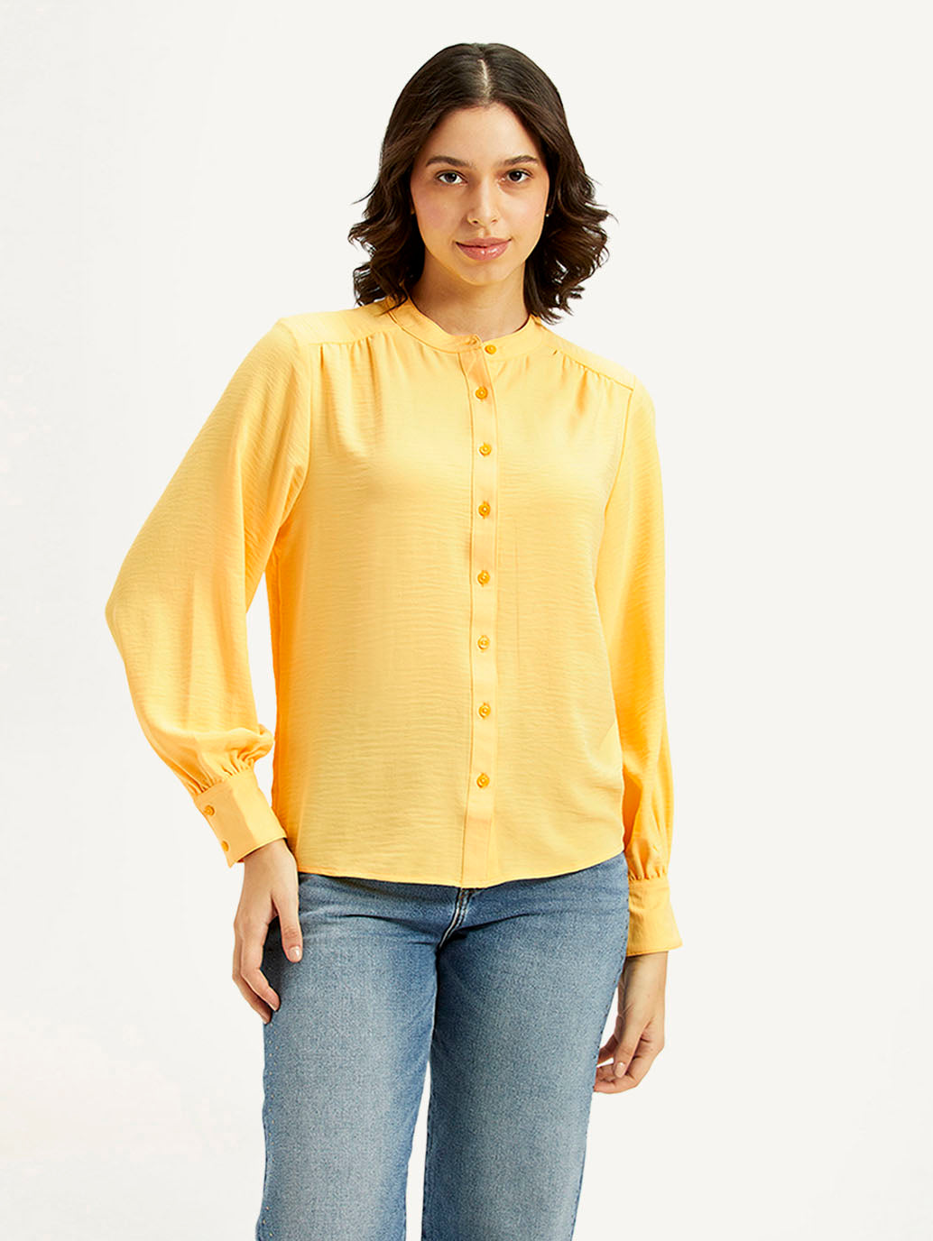 Women's Solid Yellow Mandarin Collar Top - Front View