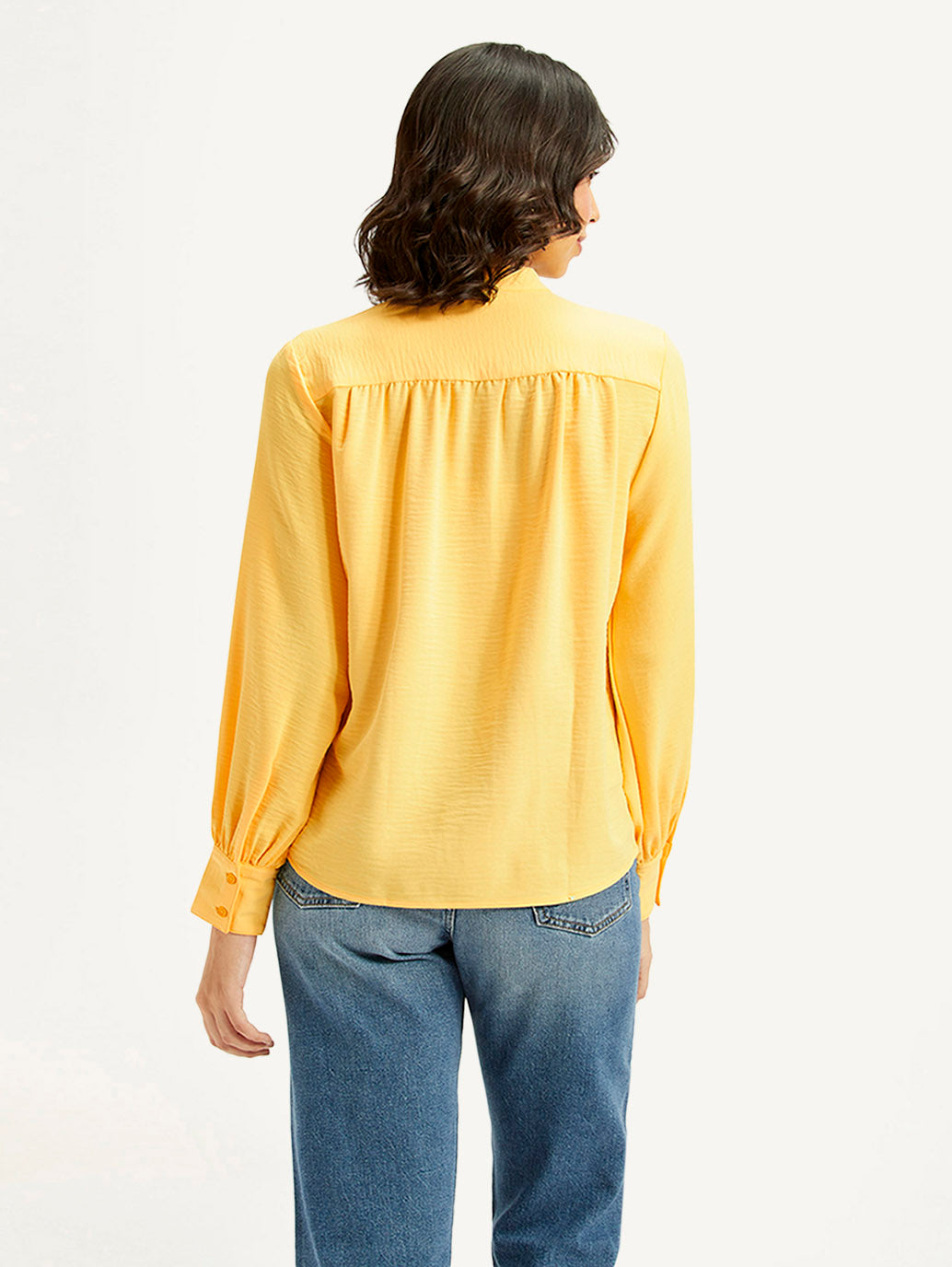 Women's Solid Yellow Mandarin Collar Top - back View