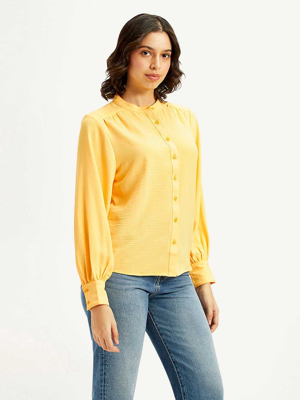 Women's Solid Yellow Mandarin Collar Top - Side View