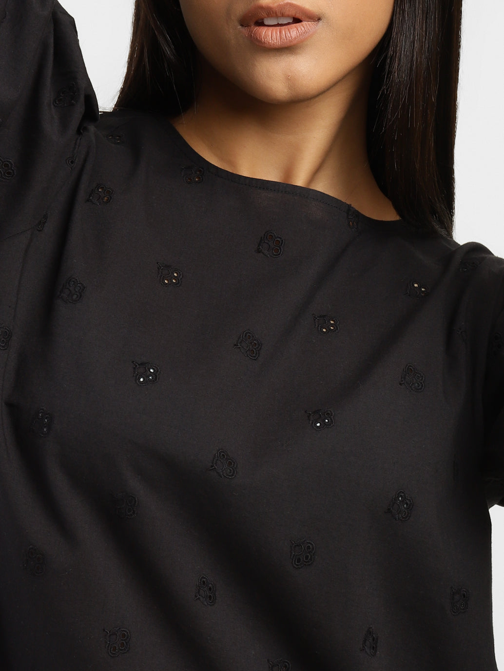 Women's Schiffli Round Neck Top - f95acaaf-198e-40c3-91d2-415b1f79544e View