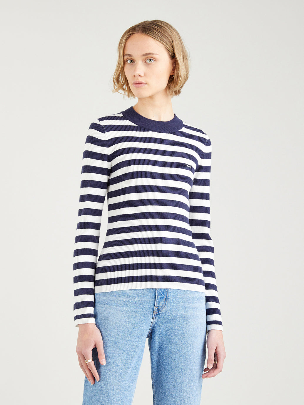 Women's Striped Black Crew Neck Sweater