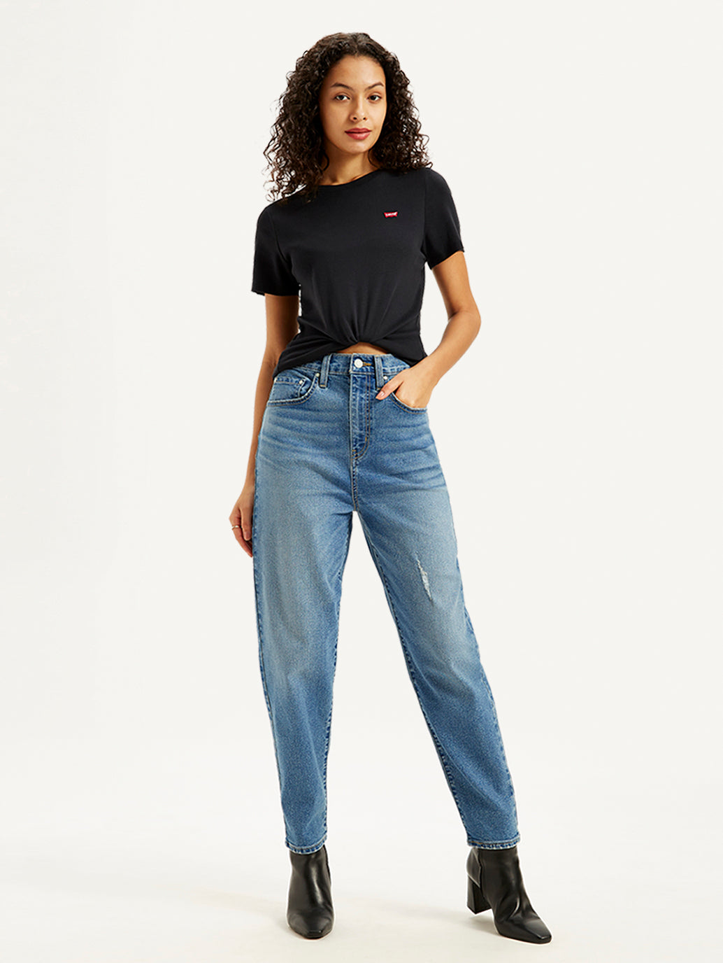 Women's High Rise Loose Taper Fit Blue Jeans