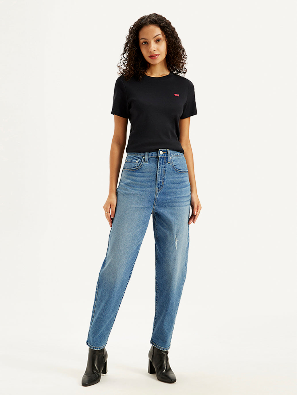 Women's High Rise Loose Taper Fit Blue Jeans