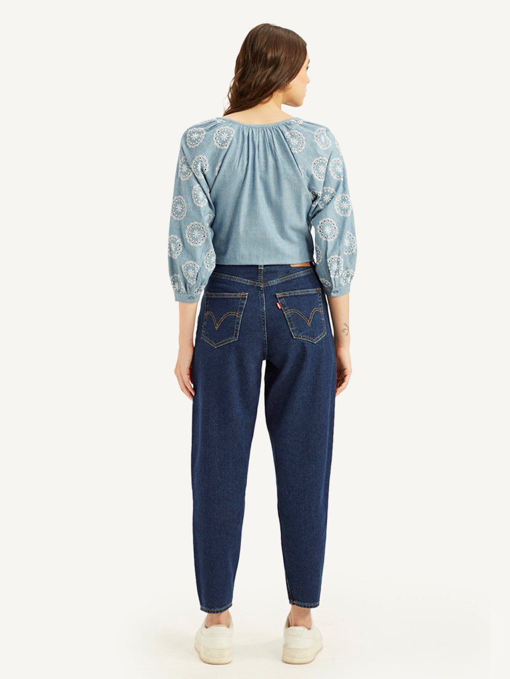 Women's Blue Loose Tapered Fit High Rise Jeans - Back View