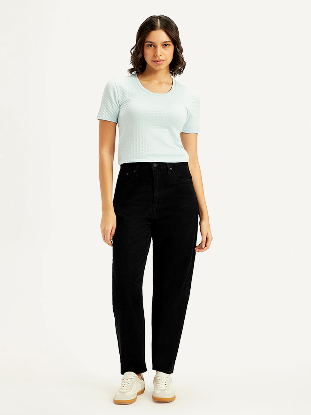 Women's Black Loose Tapered Fit High Rise Jeans - Front View