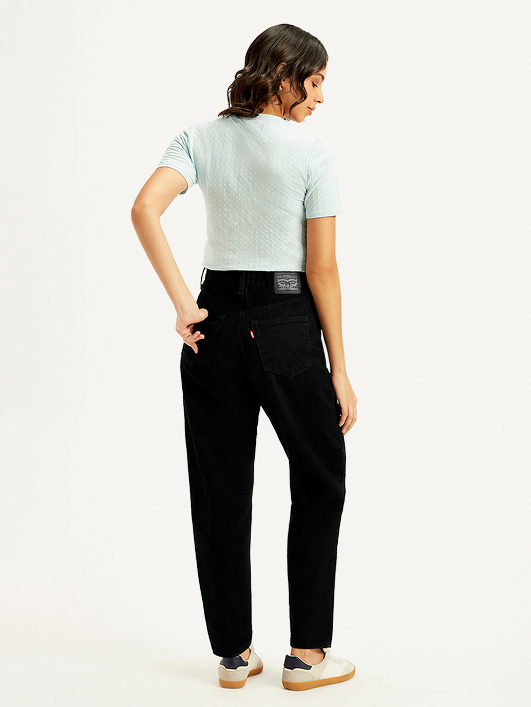 Women's Black Loose Tapered Fit High Rise Jeans - Back View