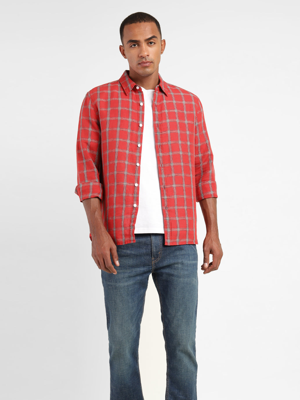 Men's Checkered Spread Collar Linen Shirt